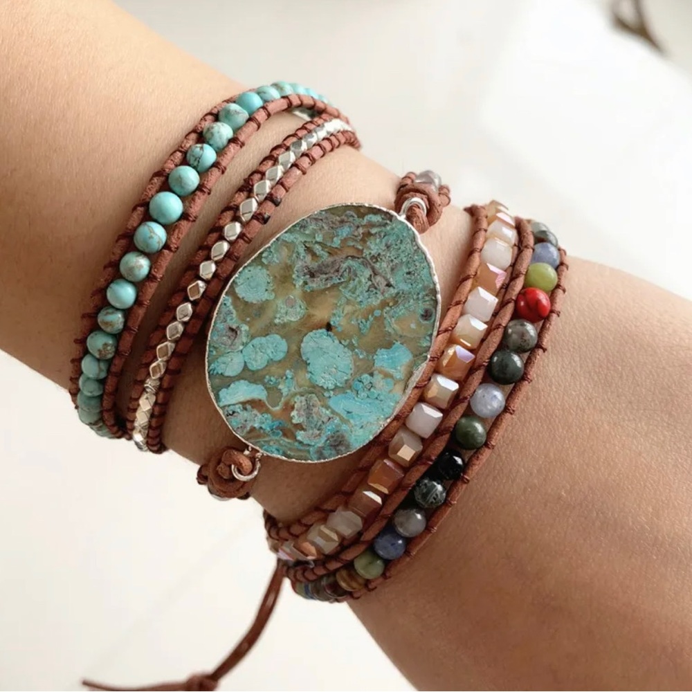 Leather wrap beaded adjustable bracelet